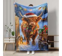 Highland Cow Christmas Blanket, Orange Festive Flannel Throw, Winter Holiday Cozy Blanket for Sofa, Bed, All Season 40x50 Inch