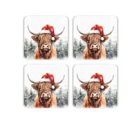 Highland Cow Christmas Coaster Set - Festive Cow Xmas Present - Set of Four (4) Square Drinks Coasters