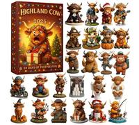 Highland Cow Christmas Countdown, 3D Advent Decors 26x18x4cm 24pcs, Cattle Ornaments Christmas Tree, Farm Animal Figurines, Classic Melody Feature, for Home Living Room Bookshelf Display Counter Door