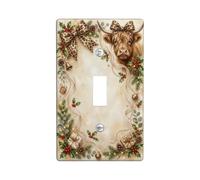 Highland Cow Christmas Decor Toggle Switch Plate | Leopard Print Bow, Holly Berries, Pine Cones, Gift Boxes, Rustic Farmhouse Style
