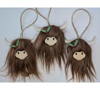 Highland Cow Christmas Decoration, Hairy cooo Scottish Tree Hanging, 12cm x 9cm, Set of 3 Home Accessories