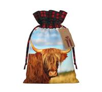 Highland Cow Christmas Drawstring Linen Gift Bag Paired With Scottish Plaid Fabric, With A Delicate And Simple Texture