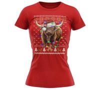 Highland Cow Christmas Fairisle Womens T Shirt Funny Cattle Tee Xmas Santa Farming Farmers Lights Top, S, Red