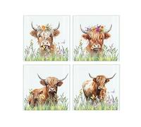 Highland Cow Coaster Set - Square Glass Cow Animal Floral Design - Set of Four (4) Coasters