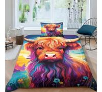 Highland Cow Comforter Cover Bedding Set 3D Colourful Art Quilt Duvet Cover Sets with Pillow Case,Star Bed Cover Soft,Duvet Set,Zipper 3PCs for Kids Boys Girls Single（135x200cm）