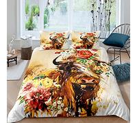 Highland Cow Comforter Cover Set 3D Funny Bull Cattle Floral Bedding Set for Kids Boys Girls Western Animal Duvet Cover Set Watercolor Bedding & Linen 3Pcs Double Size