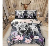 Highland Cow Comforter Set 7 Piece Bed in a Bag Twin,Longhorn Bull Cattle Flowers Bedding Sets Western Animals Comforter and Sheet Set,Mountain With Firforest Farmhouse Wildlife Room Decor
