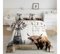 Highland Cow Comforter Set Garden Windmill Decor Farmhouse Bedding Set Queen,Country Lodge Cabin Quilt Rustic Cottage Retro Barn Door Duvet Insert,Longhorn Bull Cattle Farm Animals Room Decor