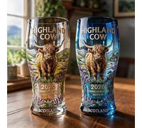 Highland Cow Commemorative Glass, 2026 Embossed Premium Crystal Beer Mug, Scottish Highland Landscape Design Stained Drinking Glass for Coffee Lovers, Countryside Gift (White+Blue)