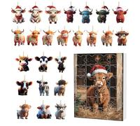Highland Cow Countdown Calendar 2025, 24 Days Flat Acrylic Highland Cow Ornaments Cartoon Cattle Decorative Hanging Ornament, Christmas Cows Ornaments, Animal Charm For Car Rearview Mirror Door Wall