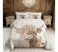 Highland Cow Coverless Duvet Double, Rustic Cattle Floral Reversible Comforter Set 3 Pcs, 2 Pillowcases, Bedroom Decor, 10.5 Tog Soft Lightweight Warm All Seasons BZ-L1078