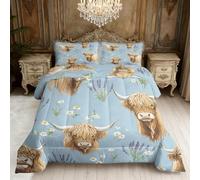 Highland Cow Coverless Duvet Double, Rustic Cattle Lavender Daisy Floral Reversible Comforter Set 3 Pcs, 2 Pillowcases, Bedroom Decor, 10.5 Tog Soft Lightweight Warm All Seasons BZ-L1076