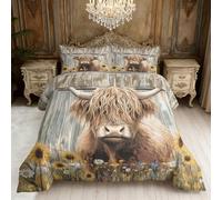 Highland Cow Coverless Duvet King Size, Rustic Sunflower Floral Wood Grain Reversible Comforter Set 3 Pcs, 2 Pillowcases, Bedroom Decor, 10.5 Tog Soft Lightweight Warm All Seasons BZ-L1077