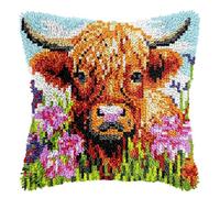 Highland Cow Crochet Kit - Latch Hook Kits For Adults,Crochet Kits for Beginners,DIY Highland Cow Cross Stitch Kits Cushion Covers,Embroidered Pillowcase Craft Kit with Yarn and Crochet Hook(43x43 cm)