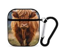 Highland Cow Cute Earbuds Case Compatible with Airpods 1/2 Wireless Headphones Cover with Carabiner