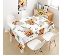 Highland Cow Cute Farm Animal Tablecloth - Pink Flowers & Green Leaves Rectangular Dining Table Cover - Machine Washable - 137x183cm