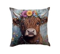 Highland Cow Decorative Cushion Cover with Floral Design, 45 x 45 cm, Farmhouse Style No Insert