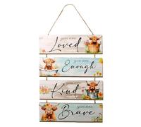 Highland Cow Decorative Wall Art 4 Pcs Wooden Inspirational Sign with Rope Highland Cow Positive Quotes Wall Decor For Bedroom, Living Room, Farmhouse, Kitchen, Office