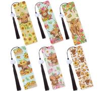 Highland Cow Diamond Painting Bookmark - 6 Pcs Diamond Art Bookmark with Tessels, Sunflower Cow Gem Art Book Marks Diamond Painting Kits for Adult Gifts