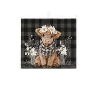 Highland Cow Dish Drying Mats For Kitchen Counter, Black Plaid Absorbent Dish Drainer Rack Mat, Rustic Microfiber Drying Pad For Kitchen Bar Protector 16x18 Inch
