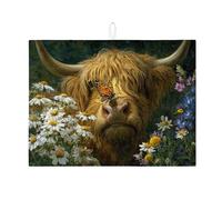 Highland Cow Dish Drying Mats For Kitchen Counter, Rustic Floral Absorbent Dish Drainer Rack Mat, Country Microfiber Drying Pad For Kitchen Counter Coffee Bar Protector 18x24 Inch