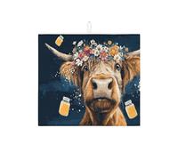 Highland Cow Dish Drying Mats For Kitchen Counter, Rustic Floral Absorbent Dish Rack Mat, Microfiber Drying Pad For Kitchen Coffee Bar Protector 16x18 Inch