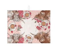 Highland Cow Dish Drying Mats For Kitchen, Rustic Floral Absorbent Dish Drainer Mat, Farmhouse Microfiber Drying Pad For Coffee Bar 18x24 Inch
