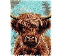 Highland Cow DIY Latch Hook Rug Kits for Adults Tapestry Pre-Printed Patterns Carpet Needlework Crochet Yarns Latch Hooking Mat Cushion for Home Decor 52x38cm(j139)
