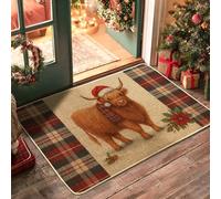 Highland Cow Door Mat, Christmas Rustic Santa Hat Plaid Pattern Xmas Red Washable Low Profile Under Doormat Rug Entryway Decor for Front Porch Bathroom Office 29x17 Inch