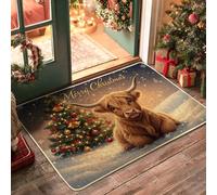 Highland Cow Door Mat, Christmas Rustic Xmas Tree Ornaments Green Washable Low Profile Decorative Doormat Entryway Decor for Front Porch Bathroom Office 29x17 Inch