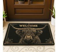 Highland Cow Door Mat, Rustic Vintage Welcome Flowers Black Non-Slip Dirt Trapper Under Doormat Rug Home Decor for Entryway Outdoor Porch Balcony 29x17 Inch