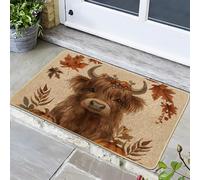Highland Cow Doormat, Autumn Leaves Door Mat for Outdoor & Indoor Entrance Seasonal Decor, Rubber Waterproof Non-Slip Dust Absorbent Front Doormat, Easy Clean 29x17 Inch