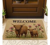 Highland Cow Doormat, Brown Welcome Mat with Calf for Outdoor & Indoor Rustic Decor, Non-Slip Dust Absorbent Floor Mats, Easy to Clean 29x17 Inch