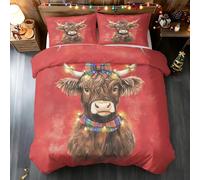 Highland Cow Double Duvet Cover - 3 Pcs Highland Cattle Bow Plaid Bedding Set, Christmas Decorations Reversible Soft Microfibre Quilt Covers & 2 Pillowcases a&-1