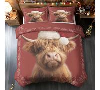 Highland Cow Double Duvet Cover - 3 Pcs Highland Cattle Santa Hat Bedding Set, Christmas Decorations Reversible Soft Microfibre Quilt Covers & 2 Pillowcases a&-3