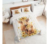 Highland Cow Double Duvet Coverless, Reversible Design, Farmhouse Highland Cattle Floral Animal Comforter & 2 Pillow Cases for Bedroom Decor, 10.5 Tog Ultra Soft Microfibre, All Seasons #h243
