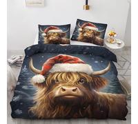 Highland Cow Double Duvet Set - Christmas Bedding Set - Reversible Quilt Cover & 2 Pillowcases with Zipper and Ties, Ultra Soft and Non Iron Brushed Microfibre Bed Set 200 x 200 H-&8-63