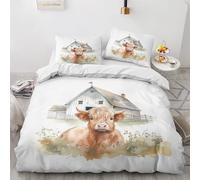 Highland Cow Double Duvet Set - Farm Animal Bedding Set - Reversible Quilt Cover & 2 Pillowcases with Zipper and Ties, Ultra Soft and Non Iron Brushed Microfibre Bed Set 200 x 200 H-&8-135