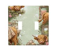 Highland Cow Double Light Switch Cover Plate, Rustic Country Bathtub Flowers Spring Green Plastic Standard Size Wall Switch Plates Accents for Home Living Room Bedroom Bathroom Decor