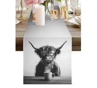 Highland Cow Drinking Coffee Table Runner 13 x 60 Inch, Funny Animal Washable Cotton Linen Dining Table Runner Tabletop Decorations for Restaurant Home Kitchen Party