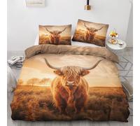 Highland Cow Duvet Cover Double Bedding Set - Western Farm Animal Reversible Patterned Quilt Cover Set 3 pcs with Zipper Closure and 2 Pillowcases 50x75 cm, Easy Care Soft Brushed Microfiber Bed Set