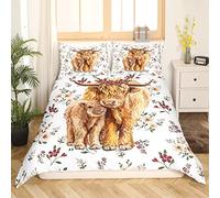 Highland Cow Duvet Cover King Floral Bedding Set Spring Flowers Romantic Family Comforter Cover Nature Halloween Horror Fire Mountain Brown Green Red Quilt Cover With Zipper Closure