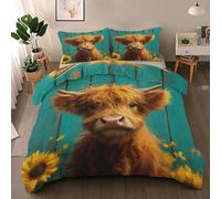 Highland Cow Duvet Cover Set Double, Wood Grain Bedding Quilt Cover Set, Cute Animal Duvet Cover with 2 Pillowcases, Microfibre Reversible Bed Covers 3 Pcs with Zipper Closure