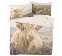 Highland Cow Duvet Cover Set King, Oatmeal Bedding | Scottish Cow in Heather Glen, 3-Piece Microfibre Set, 2 Pillowcases, Reversible Print, Concealed Zip and 4 Corner Ties
