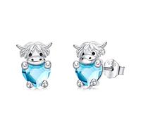 Highland Cow Earrings 925 Sterling Silver Cute Animal Scottish Cow Stud Earrings with March Birthstone Crystal Jewellery Birthday Gifts for Women Girls Daughter