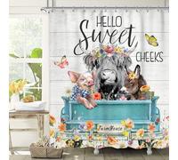 Highland Cow Farm Shower Curtains for The Bathroom, Cute Cow Chicken and Pig with Flowers on Truck Bathroom Set, Western Farmhouse Rustic Animals Funny Waterproof Bath Accessories 72Wx72H Inch