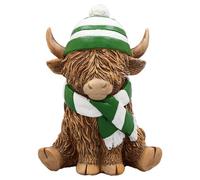 Highland Cow Figurine Christmas Decor Green Scarf Hat Holiday Ornament Resin