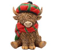 Highland Cow Figurine Christmas Decor Scarf Beret Hat Holiday Seasonal Ornament