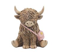 Highland Cow Figurine Pink Hand Bag Ornament Decor Rustic Display Resin Gift