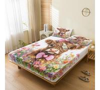Highland Cow Fitted Sheets Super King Size, with 2 Pillowcases - Floral Cattle Farm Animal Bed Sheets & Kids Bedroom Decor & Gift, 30 cm Deep Pocket, Soft Brushed Microfiber Bedding - SWJ5980